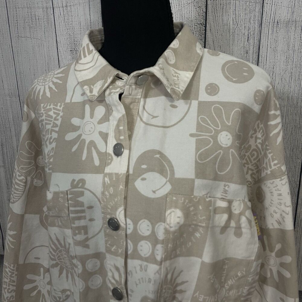 Smiley x H&M Women's Medium Beige Button-Up Oversized Shacket Shirt 90s Retro - Picture 2 of 7